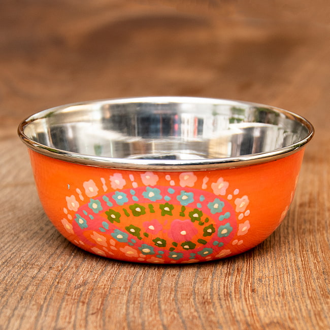 手描きカシミールペイントのカトリ・カレー小皿[直径：10cm x 高さ：4cm ] - オレンジペイズリーの写真1枚目です。便利なサイズの、インドの小皿カトリです！カレー小皿,フィンガーボウル,ペイズリー,カシミール,ペルシャ,食器,カトリ,小皿,ターリー皿,カレー