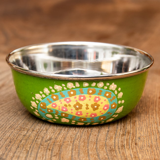 手描きカシミールペイントのカトリ・カレー小皿[直径：10cm x 高さ：4cm ] - グリーンペイズリーの写真1枚目です。便利なサイズの、インドの小皿カトリです！カレー小皿,フィンガーボウル,ペイズリー,カシミール,ペルシャ,食器,カトリ,小皿,ターリー皿,カレー