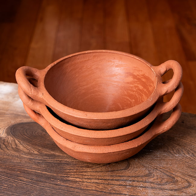 【3個セット】ワラン - スリランカ伝統の素焼き鍋 取っ手付き walang テラコッタ製 直径：22.5cm程度 10 - 重ねるとこのような感じになります
