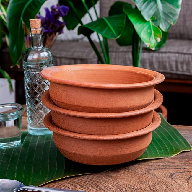 【3個セット】ワラン - スリランカ伝統の素焼き鍋 walang テラコッタ製 直径22cm程度 12 - 重ねるとこのような感じになります