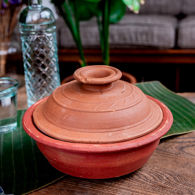 ワラン - スリランカ伝統の素焼き鍋 walang 蓋付き テラコッタ製 直径20.5cm程度 5 - 拡大写真です