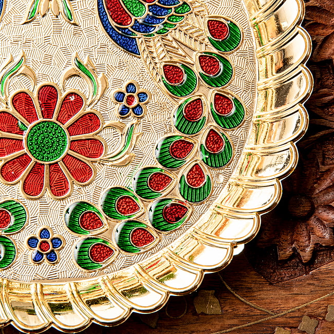 【約14.5cm】インドの礼拝皿 プージャターリー 孔雀 3 - 艶やかな装飾です。
