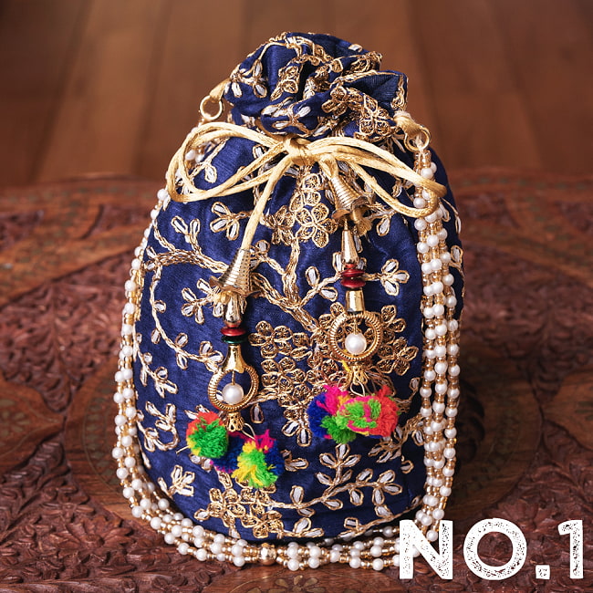 インドのきらきらミニバッグ・サリー等へオススメの巾着　ゴールド刺繍系 12 - No.1