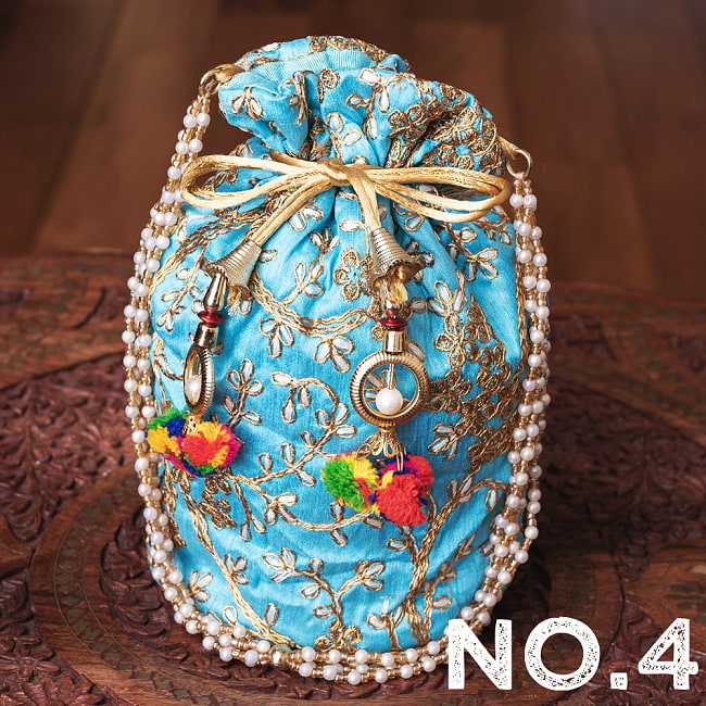【自由に選べる5個セット】インドのきらきらミニバッグ・サリー等へオススメの巾着　ゴールド刺繍系 15 - No.4