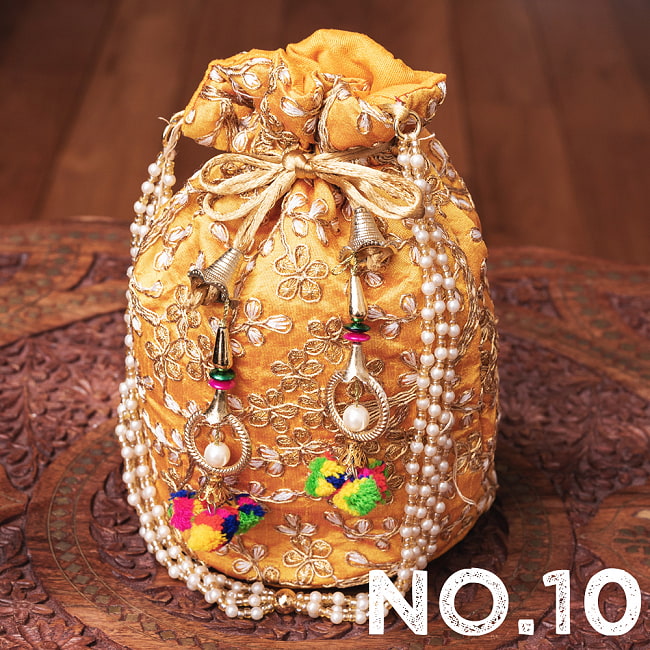 【自由に選べる5個セット】インドのきらきらミニバッグ・サリー等へオススメの巾着　ゴールド刺繍系 21 - No.10