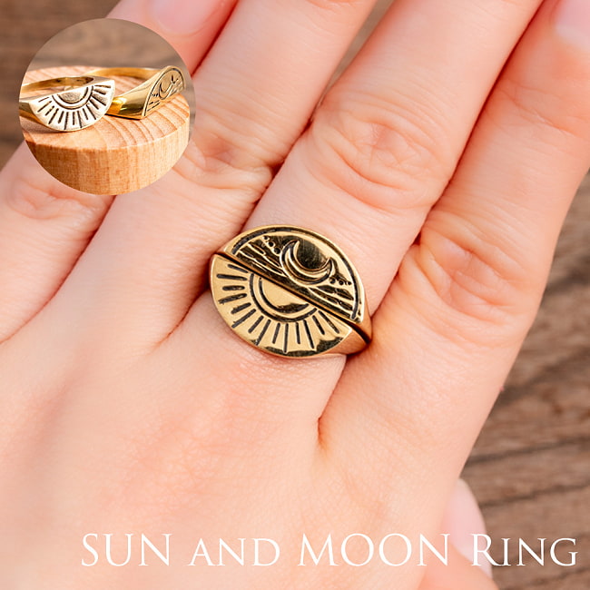 【2点セット】重ね付け　月と太陽のゴールドリングの写真1枚目です。着用してみました指輪,リング,インド,ゴールド,シンプル,月,太陽
