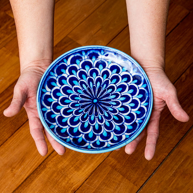 〔中皿 直径：20cm〕ブルーポッタリー ジャイプール陶器の円形飾り皿 大輪 7 - これくらいのサイズ感です。