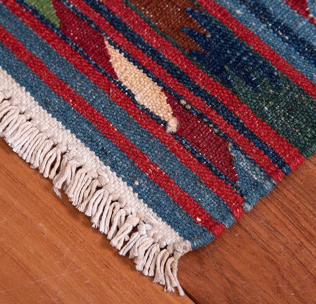 【一点物】バルーチ　カル・ムハマディ族　遊牧民による草木染め手織りトライバルキリム 平織り - 約103cm x 60cm 10 - フリンジ周辺を拡大しました