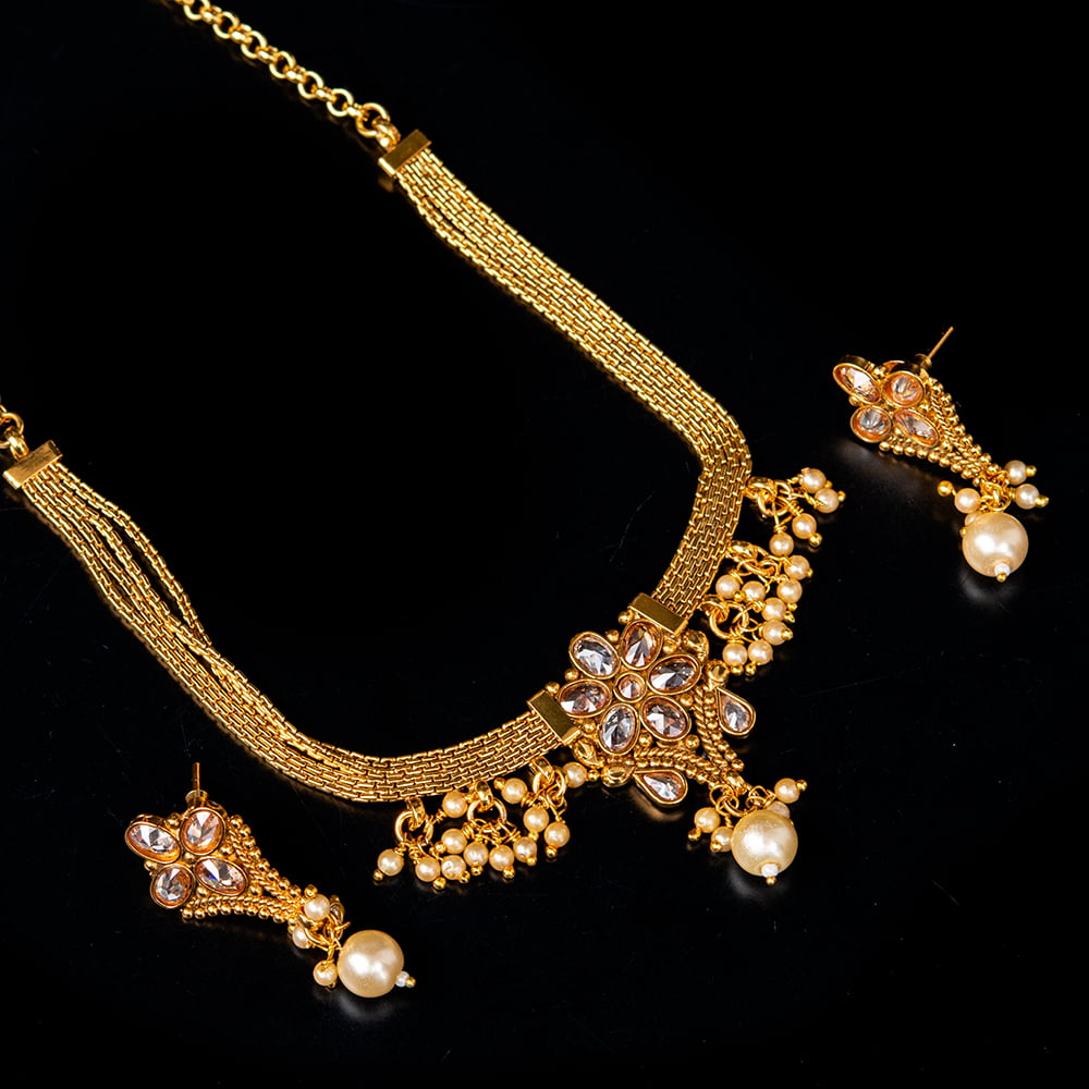 ゴールド・ドクラデザイン ネックレス＆ピアスセット インド伝統アクセサリー の通販