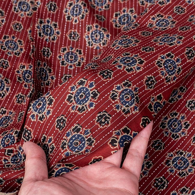 〔1m切り売り〕カンタ刺繍がかわいい　ボタニカルデザインの布　えんじ系〔幅約110cm〕 7 - 生地の拡大写真です