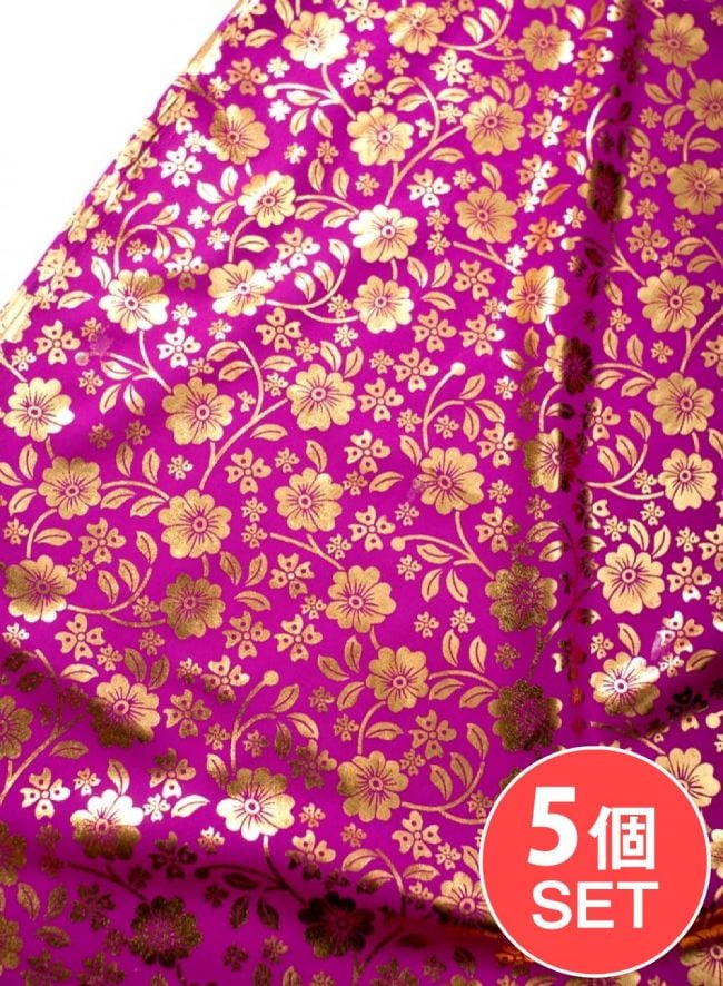 【お得な5個セット アソート】〔90cm程度〕インドの伝統柄ゴールドプリント布〔幅約100cm〕 - ピンクの写真セット,アジア布 量り売り,手芸,裁縫,生地,アジアン,ファブリック,キラキラ布,豪華な布