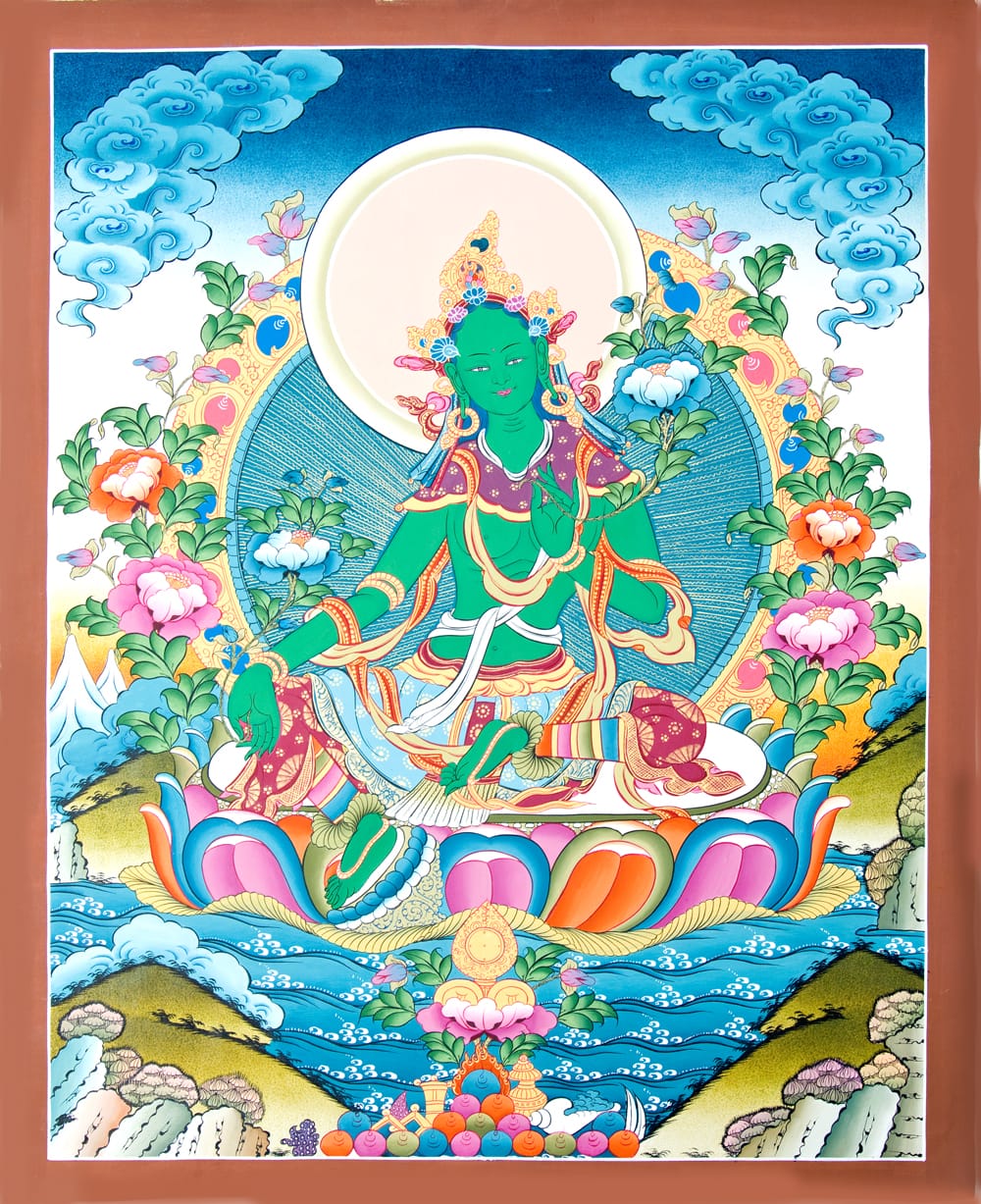 18世紀　オールド　チベット　タンカ　グリーンターラー　仏教　仏画　絵画　掛け軸