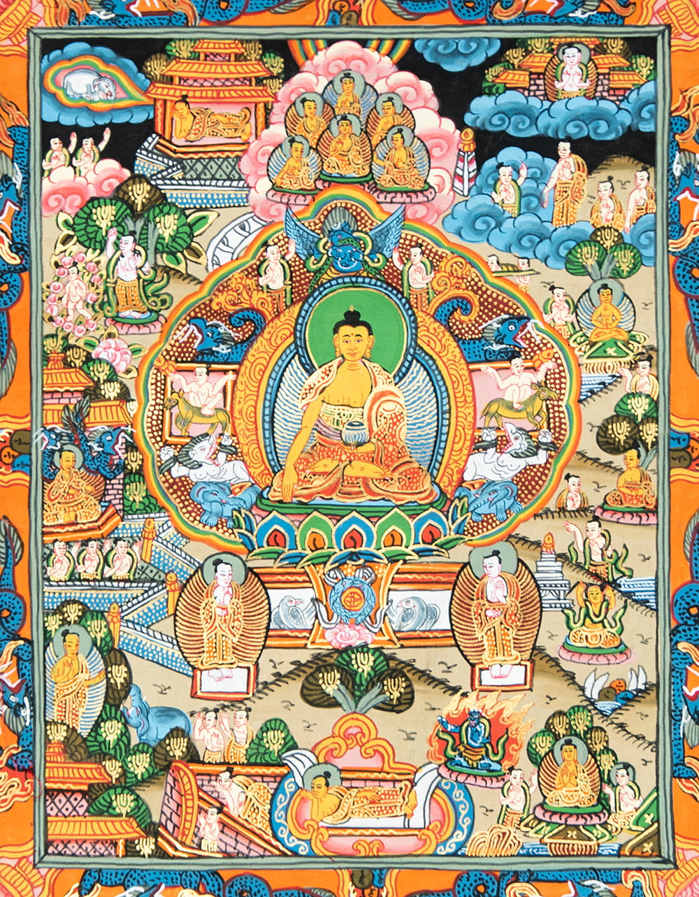 Q1502】大判 ネパール 曼荼羅 タンカ 釈迦の生涯を描写 仏画-