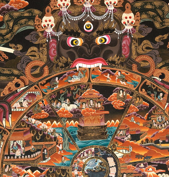 〔Raj Lama作 一点物〕タンカ - 六道輪廻図[55x70cm] 6 - アップにして撮影しました。非常によく描き込まれています